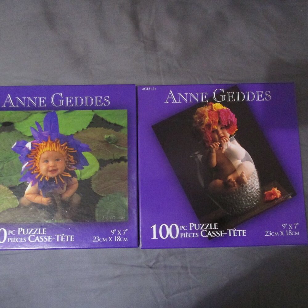 Lot of 2 Anne Geddes 9x7 inch 100pc puzzles NEW baby flower vase